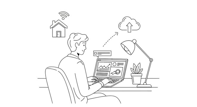 Man analyzing business data on laptop in home office