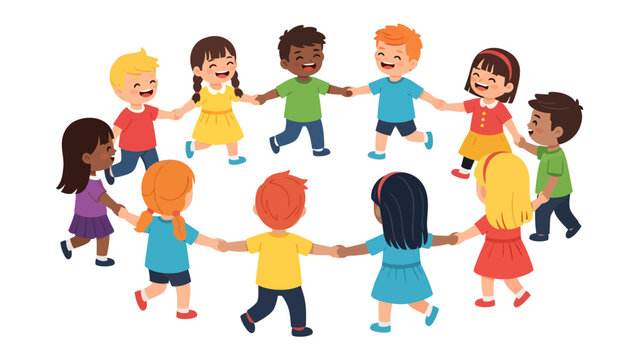 Circle of Friendship: A diverse group of happy children holding hands in a circle, dancing and celebrating in unity, showcasing a spirit of joy and togetherness.