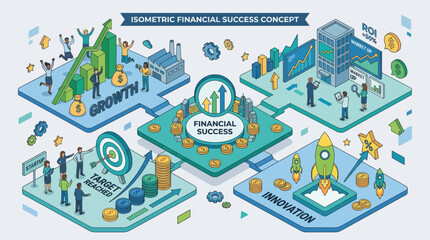 Fototapeta premium Isometric financial success concept with business growth, target achievement, innovation, and strategic planning.