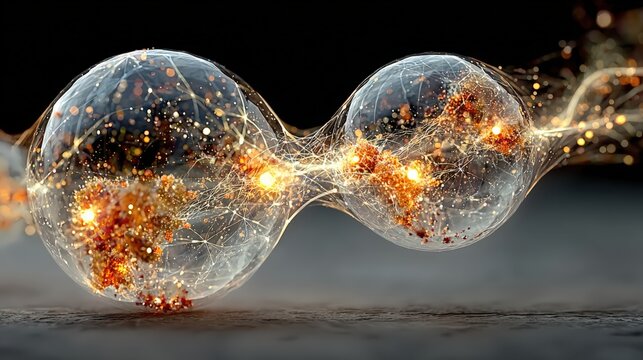 Abstract representation of two cells dividing, showcasing a dynamic fusion of light and energy, suggesting growth, division. ..Created with Generative AI, not depicting real subjects.