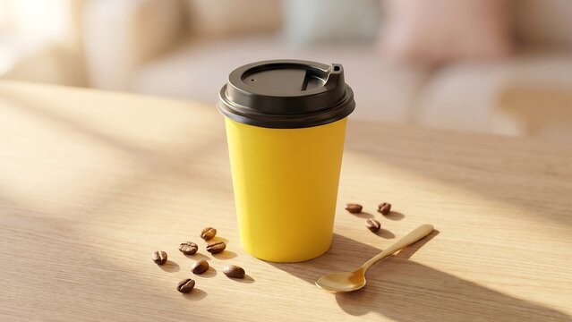 Bright yellow disposable coffee cup with black lid, scattered coffee beans, and a golden spoon on a wooden table, bathed in warm sunlight