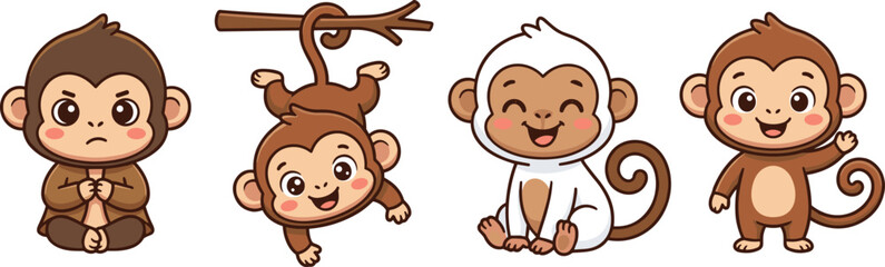 Fototapeta premium Cute Monkey Cartoon Character Collection Featuring Sitting Hanging Smiling and Happy Baby Monkey Jungle Wildlife Animal Vector Illustration Designs