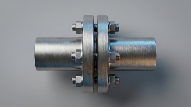 Close-up of a brushed metal pipe flange connection with bolts and nuts on a neutral gray background, industrial engineering detail