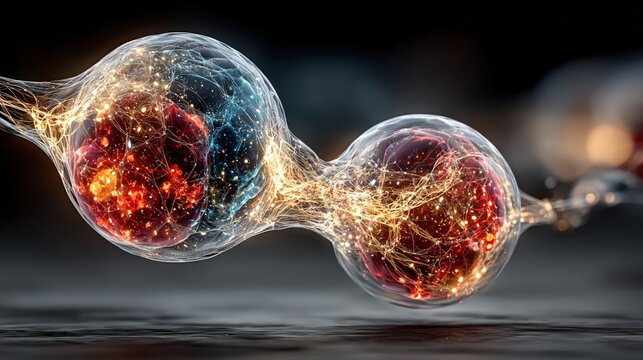 A microscopic view of two dividing cells, glowing with internal energy and intricate network of fibers. ..Created with Generative AI, not depicting real subjects.