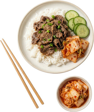 Delicious Korean Bulgogi served with white rice sliced cucumber sesame seeds and kimchi in a small bowl A pair of wooden chopsticks rests beside the dish korean food beef