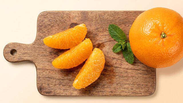 Fresh orange slices and whole fruit with mint leaves on a rustic wooden cutting board, top-down view