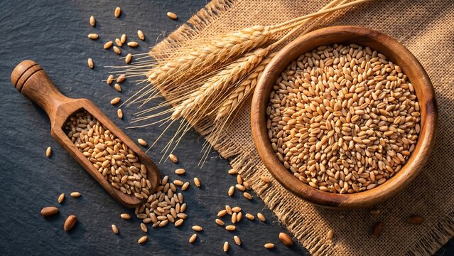 Overhead view of golden wheat grains in a wooden bowl and scoop, with stalks on burlap, set against a dark slate background