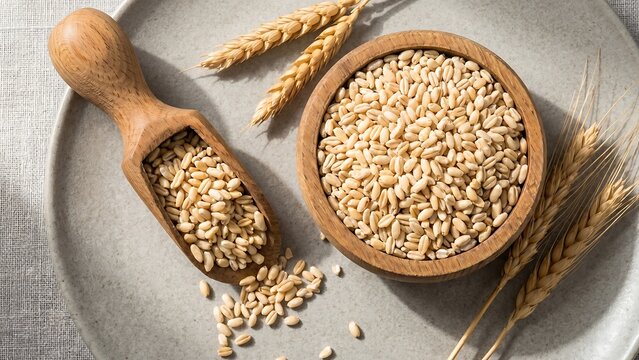 Overhead view of whole wheat grains in a wooden scoop and bowl, with wheat stalks on a textured gray plate