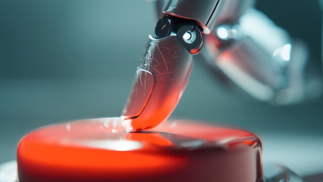 Robotic finger poised to press a glossy red button, futuristic technology concept with metallic arm and blurred background