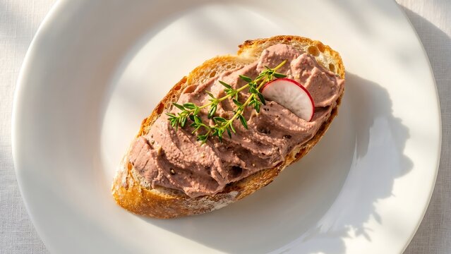 Rustic baguette slice topped with smooth p?t?, fresh thyme sprigs, and a thin radish slice, served on a white plate