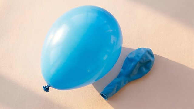 Two blue balloons, one inflated and vibrant, the other deflated and wrinkled, resting on a textured, sunlit surface