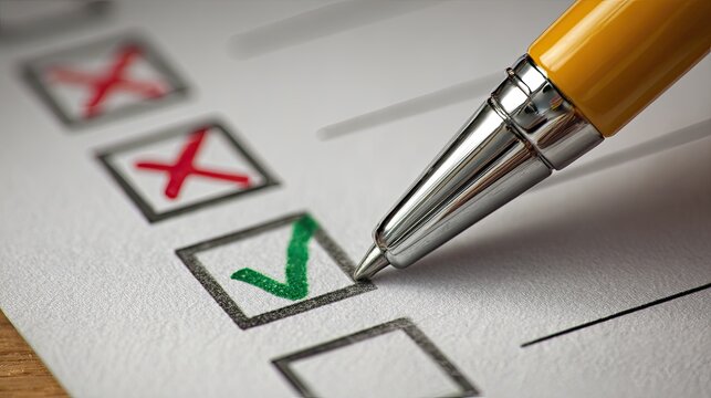 A metallic pen marks a green check in a checklist box