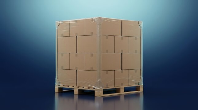 Pharmaceutical pallet box shrink wrap load 3D render, GMP logistics palletized shipment unit, warehouse distribution cargo stack, industrial supply chain packaging system
