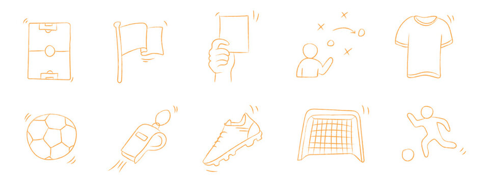 Football and soccer elements doodle set. Hand drawn vector illustration of soccer ball, whistle, field pitch, referee card, jersey and goalpost in mono line sketch style.