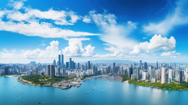 Aerial view of a city skyline on the water in Wuhan