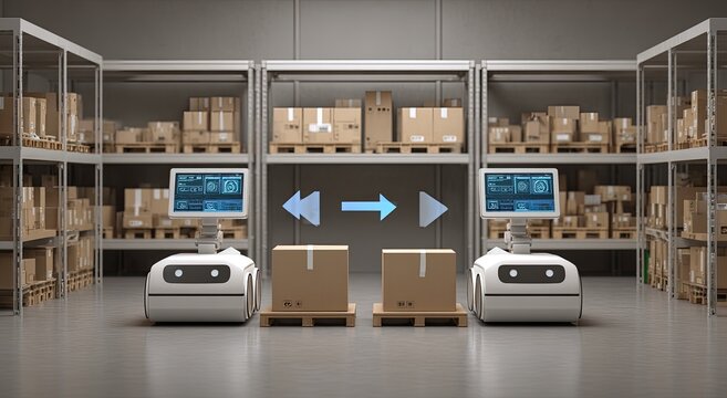 Robotic logistics Automated units in a warehouse moving packages
