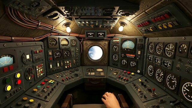 Vintage submarine control room interior with illuminated gauges and operator hand.