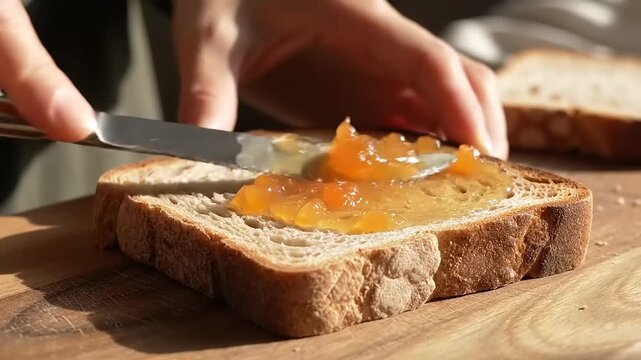 Close-up of a hand spreading marmalade on a slice of bread for breakfast.