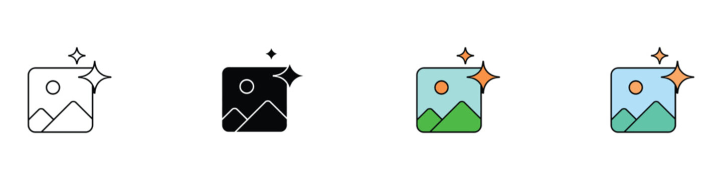 Photo enhancement icon set. Vector illustration of picture gallery frame with magic sparkles for creative art editor app in flat and outline styles.