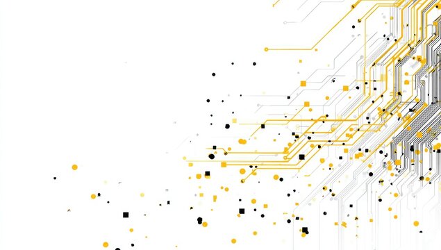 Abstract digital network of glowing yellow and grey circuits on white