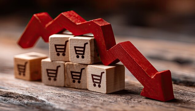 Red Arrow Downward Trend Over Shopping Cart Icons on Wooden Blocks.
