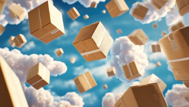 Cardboard Boxes Falling Through Clouds in a Surreal Sky.