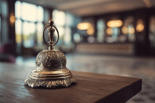 Ornate brass desk bell rests on a wooden surface, background is a blurred hotel lobby