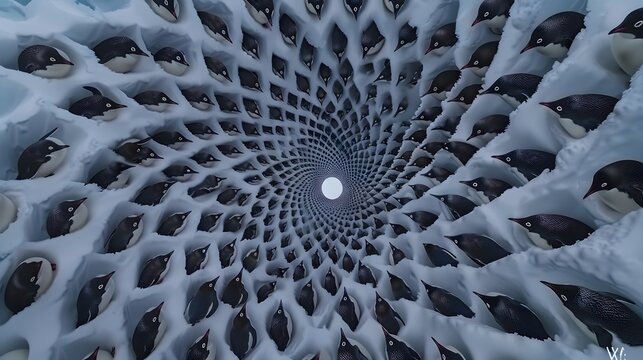 A surreal digital art photograph featuring a spiraling pattern of many cute penguins arranged in a deep circular tunnel vortex