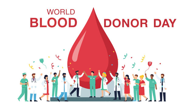 World Blood Donor Day Celebration: A vibrant illustration depicting healthcare professionals and donors celebrating World Blood Donor Day.