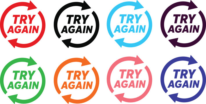 Set of colorful try again text labels with circular rotating arrows for website interface design elements and interactive user feedback buttons for digital app navigation graphics