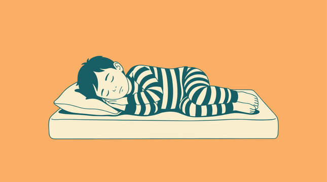 Child sleeping soundly on mattress and pillow in striped pajamas