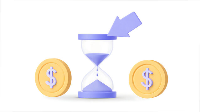 Time management and financial investment concept with hourglass, coins and downward arrow isolated on white background
