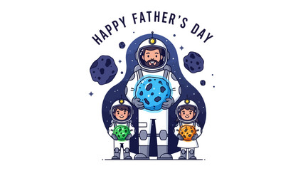 Father's Day in Space: An astronaut father with his two children, all in spacesuits, celebrates Father's Day amidst a celestial backdrop of planets and stars, holding colorful cosmic orbs. © Nirob