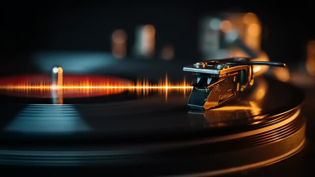 Vintage turntable playing a vinyl record at night