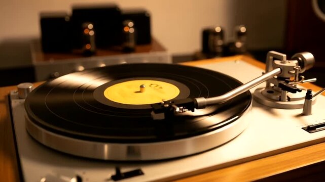 Vintage turntable playing a vinyl record in cozy room