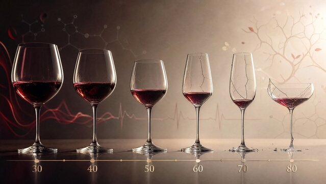 decade. Artistic visualization of wine glasses becoming more fragile with each decade marker, balancing enjoyment and health, bar promotions.