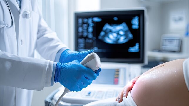 Medical professional conducts ultrasound on pregnant abdomen, viewing baby image