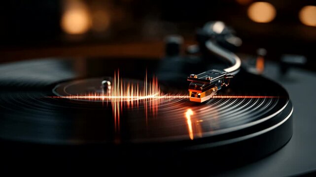 Vintage turntable playing vinyl with soundwave visuals