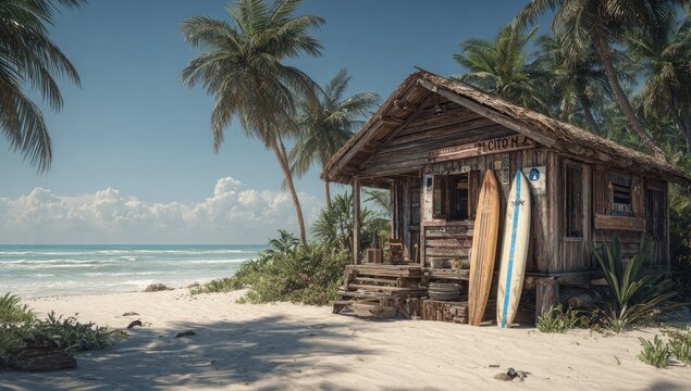 Rustic beach shack with surfboards, palm trees, and ocean waves