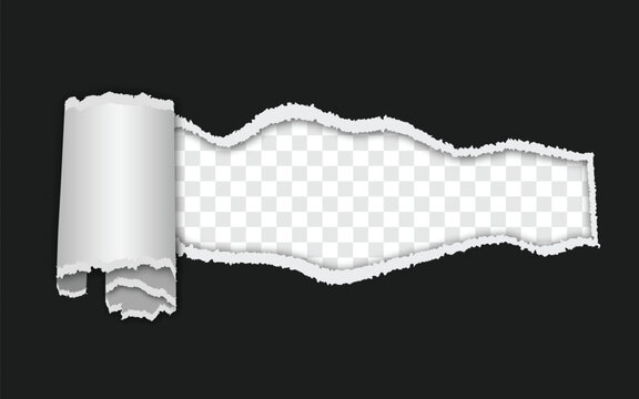 Dark background torn paper and wide released page scroll element. Vector illustration of white paper ripped open horizontally with transparent checkerboard center on black backdrop.