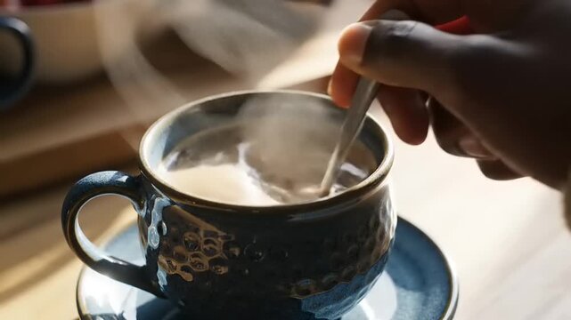 Close-up of a hand stirring hot coffee in a ceramic mug with a spoon.