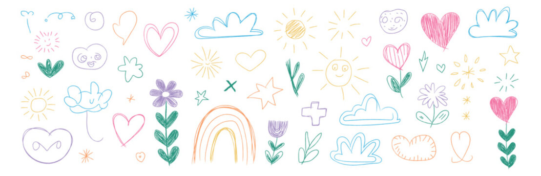 Cute kids nature elements and love heart doodle set. Hand drawn vector illustration of colorful pencil sketch smiling sun, cloud, rainbow, flower and star in childish style.