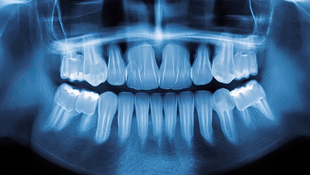 Panoramic Dental X-ray Showing Healthy Human Teeth and Jawbone Structure.