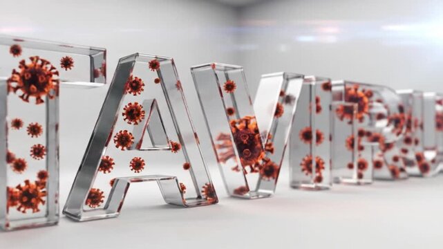 3d render of hantavirus text containing red virus cells in a bright clinical environment.