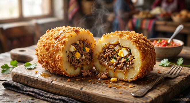 Crispy Bolivian Papas Rellenas Stuffed Potatoes Beef and Egg 8K Macro Food