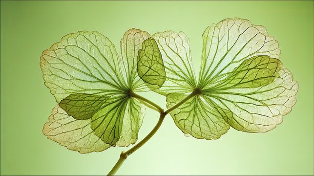 Translucent Clover Leaf Macro Close-up, Clear Vein Texture Fresh Green Plant, Minimal Solid Background Natural Ecology, Vital Healing Design Material