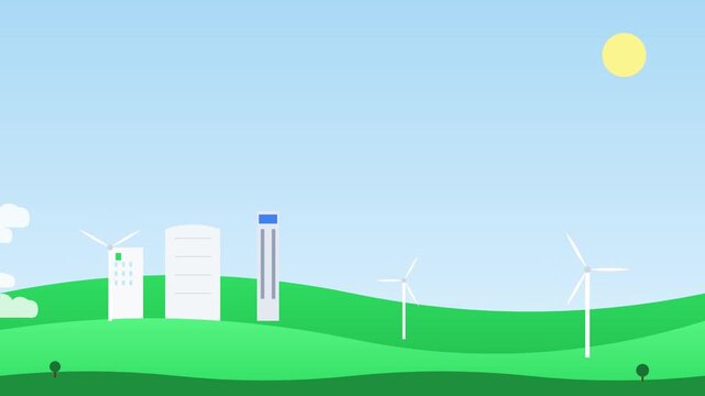 eco friendly green city with spinning wind turbines