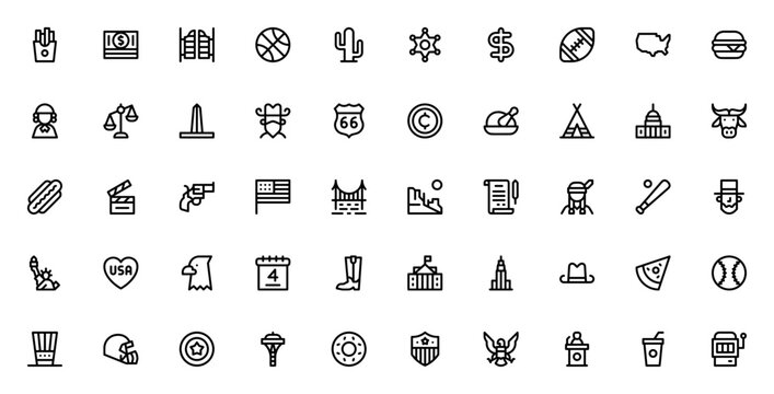 United States icon set. America vector icons. Minimal line icons pack. Featuring French fries, Money, Saloon, Basketball, Cactus, Sheriff, Dollar, American football, Hamburger, Statue of Liberty, Eagl