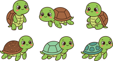 Obraz premium Cute Turtle Cartoon Character Collection Featuring Walking Sitting Crawling and Smiling Baby Turtle Poses for Adorable Wildlife Vector Illustration Designs