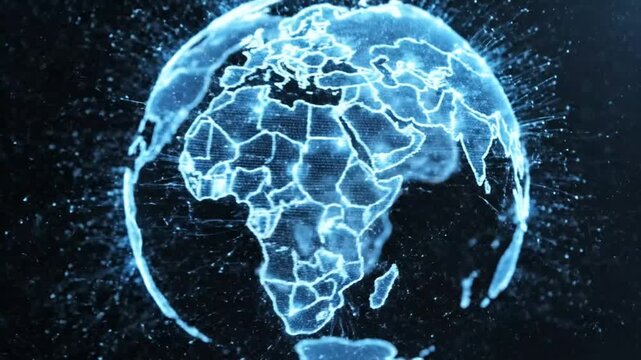 Digital glowing blue globe showing global network.